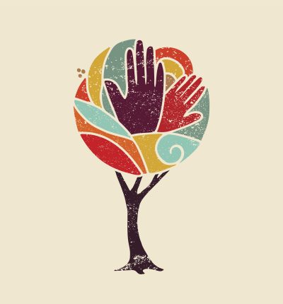 Colorful grunge concept tree art with people hands and nature design for social diversity, environment help. EPS10 vector.